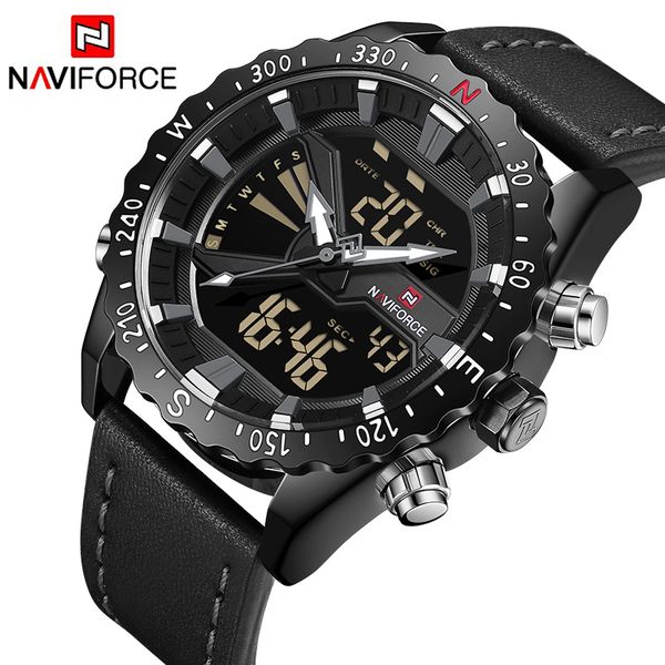 

naviforce топ бренд аналоговые кварцевые часы мужские спортивные часы кожа водонепроницаемый led 24 часа подсветка цифровые наручные часы, Slivery;brown