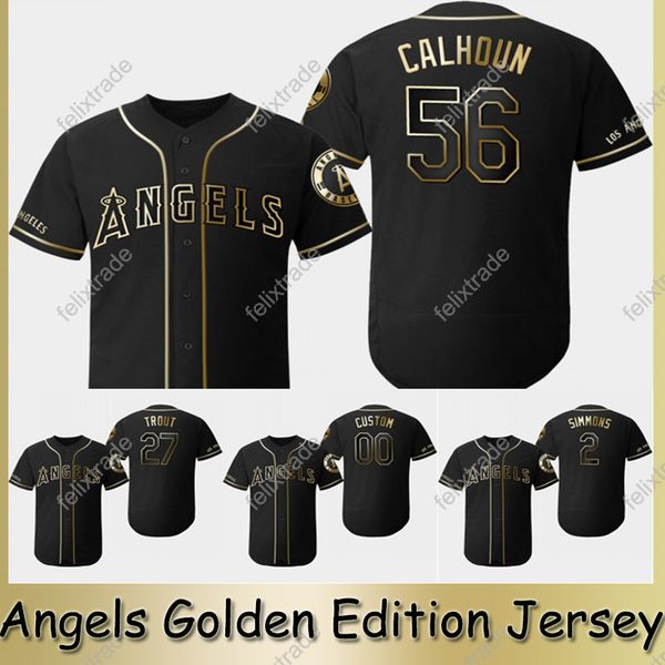 

2019 Los Angeles Golden Edition Jerseys 2 Andrelton Simmons 56 Kole Calhoun 5 Albert Pujols 27 Mike Trout Angels Baseball Jersey