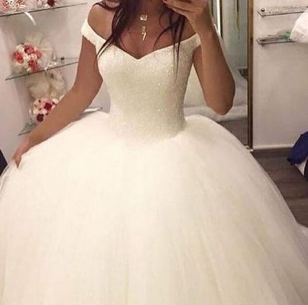 

fashion wedding dresses 2021 off the shoulder ball gown cap short sleeves tulle beaded court train wedding gowns cheap, White
