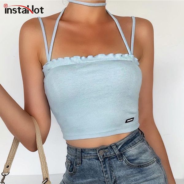 

instawomen cropped spaghetti straps backless halter cami stretch summer party club camisole 2020 fashion tank top, White