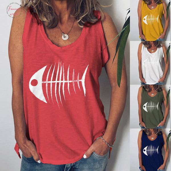 

womens casual funny fish bone print vest sleeveless tank green lady summer fish bone print vest t shirt lencera, White