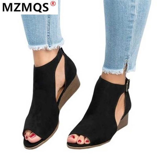 

2020 fashion summer woman wedge buckles fish mouth sandals gladiator women sandals mid heel ladies peep toe women shoes, Black