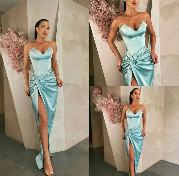 Himmelblaue arabische Meerjungfrau-Abendkleider mit Herzausschnitt und hohem Schlitz, Satin, gerüscht, bodenlang, elegantes, formelles Partykleid, günstig