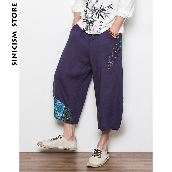 

sinicism store mens cotton linen pants male summer casual ankle-length pants 2019 ethnic style pattern spliced loose trousers, Black