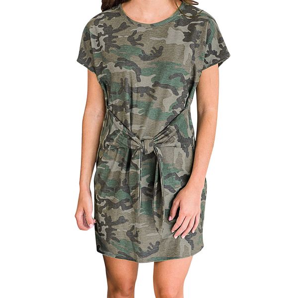 

women dress vintage fashion women casual o-neck bandage camouflage print short sleeve mini dress women's new fashion, Black;gray