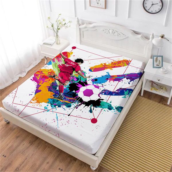 

colorful hand print bed sheet watercolor football fitted sheet sports design bedding king queen deep pocket bedclothes