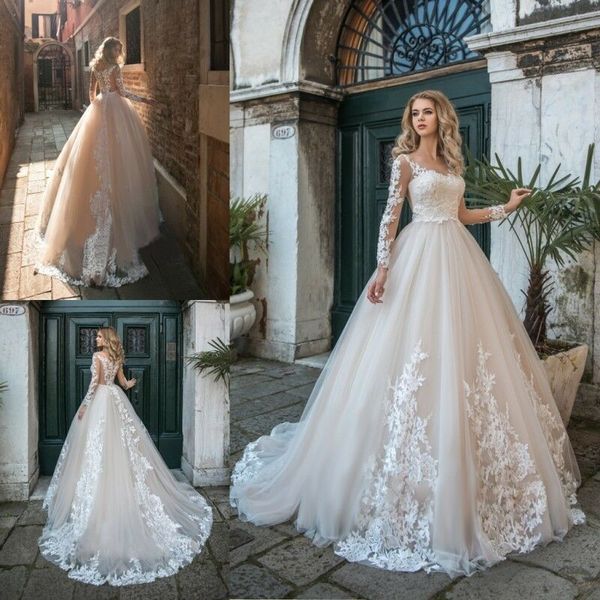 

champagne wedding dresses ball gown puffy jewel neck long sleeve lace appliques bridal gowns sweep train plus size wedding dress, White