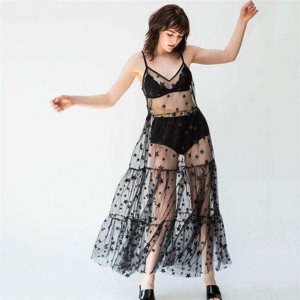 

elegant stars transparent sundress party club streetwear fashion women ladies flower clothes summer sleeveless floral dress, Black;gray