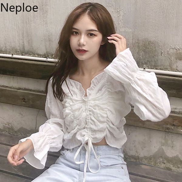 

neploe women ruffle white shirts long sleeve crop blouse solid v-neck elegant pleated shirt blusas korean sweet 1a518