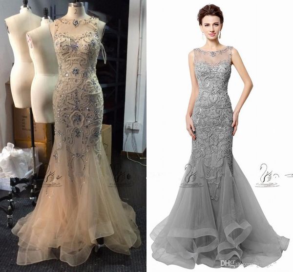

open back gray champagne mermaid evening dresses beading 2019 real p sparkly sheer neck women prom gowns long robe de soiree 1113, Black;red