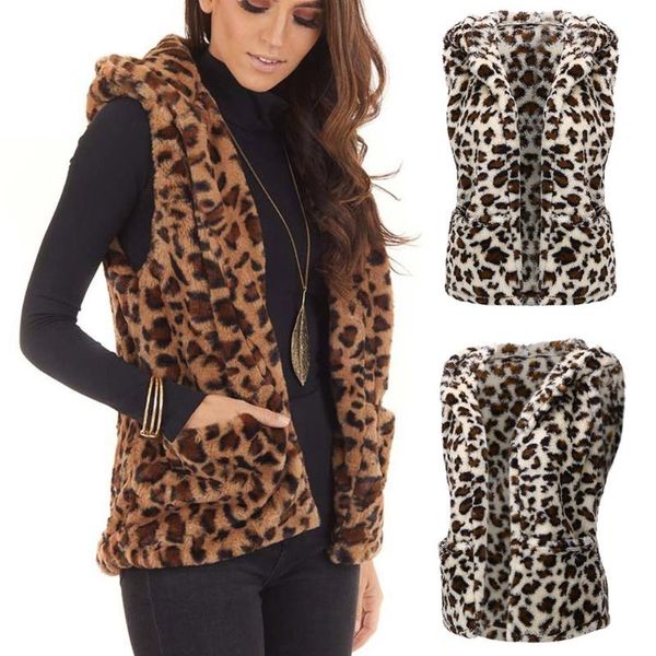 

women sleeveless khaki leopard vest hoodies coat autumn winter warm long wool coat women outwear chalecos vests para mujer, Black;white