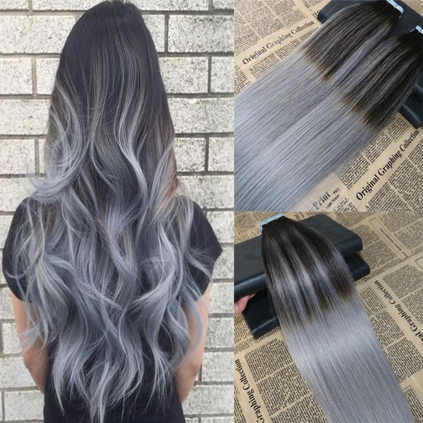 Acheter Bande De Cheveux Humains De Qualité 10a Dans Les Extensions Balayage 2 Gris Ombre Remy Extensions De Cheveux Trame De Peau Invisible Bande