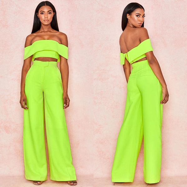 

new arrival 2019 neon 2 piece set solid women suits clubwear good quality neon green jumpsuit wholesale casual new 2 sets, Black;white