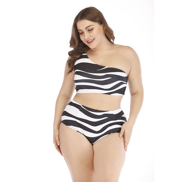 

new women's swimwear bikini stripe one shoulder bikini print large swimwear with bra without steel bracket, White;black
