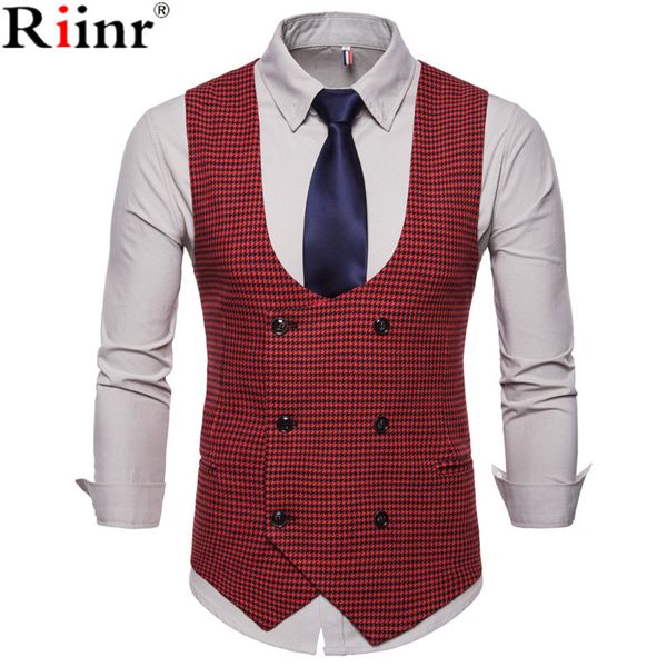 

riinr 2019 spring autumn man's vest vintage waistcoat men suit vest u-shaped collar houndstooth men's casual male clothing, Black;white