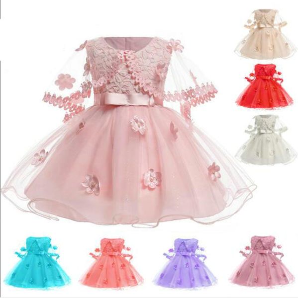 

1pcs baby girl christening dressess with flower cloak 8 colors infant newborn lace ball wedding gowns birthday dresses baby month dress, Red;yellow