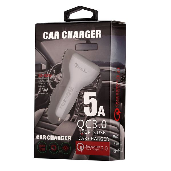 

5v 5a 3ports qc3.0 type c usb car charger universal power adapter for iphone 7 8 11 pro samsung android phone gps pc with retail box