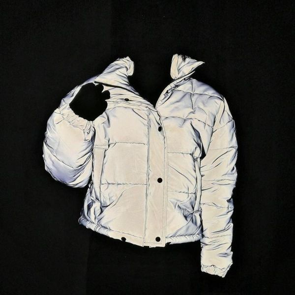 

flash light reflective women padded jacket short warm winter night clothes solid zipper oversize loose outwear coats casual, Black