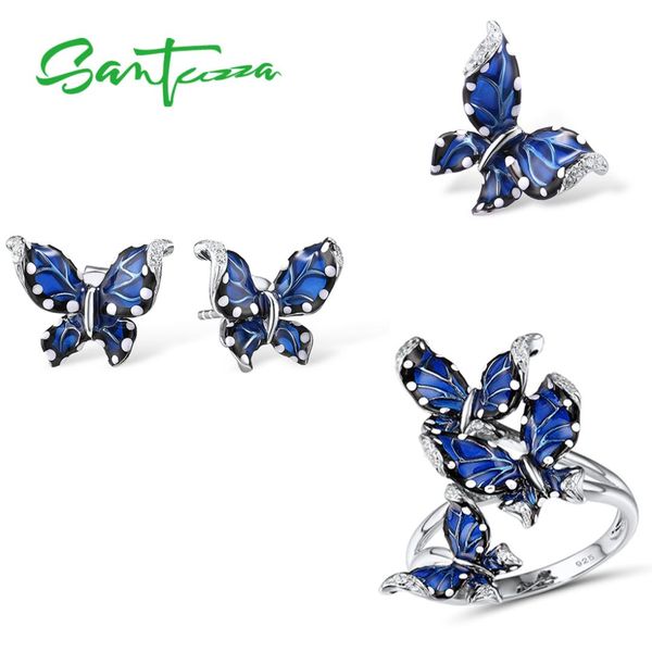 

santuzza genuine 925 silver jewelry set for women blue butterfly ring earrings pendant set wedding fine jewelry handmade enamel, Black