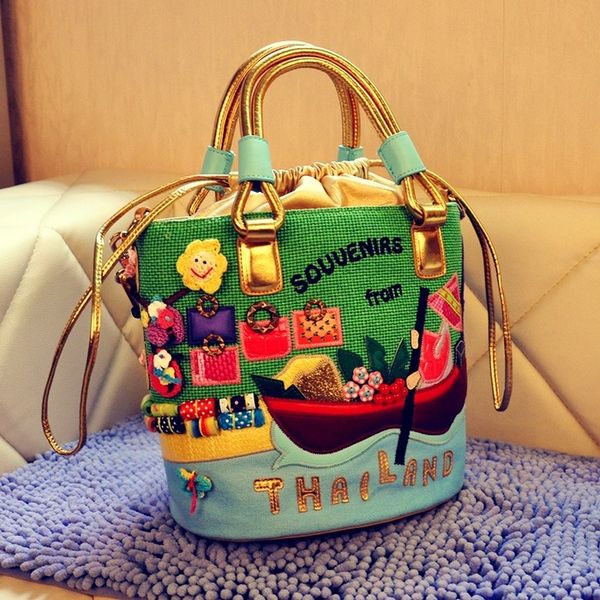 

embroidered flowers handbag 2020 new canvas bucket bag fashion messenger bags ladies shoulder bags cute women bag tote