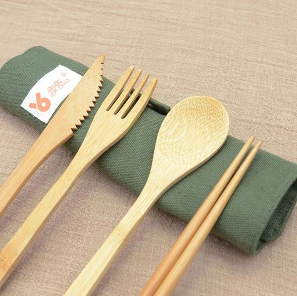 

portable bamboo cutlery set outdoor travel flatware set knife chopsticks fork spoon dinnerware sets for student tableware 7pcs/set lxl874q