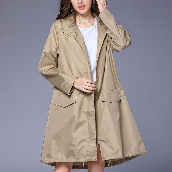 

new fashion women rain solid jacket outdoor waterproof hooded coat windbreaker windproof coat outwear raincoat poncho #e15, Tan;black