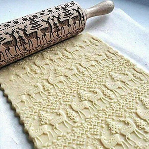 

brand new convenient christmas rolling pin engraved rolling pin wooden embossing embossed elk print