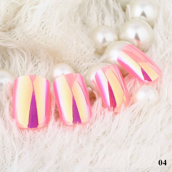 

24pcs girls colorful mirror design fake nails women fashion short smooth nail art tips with glue ladies full cover false nails, Red;gold