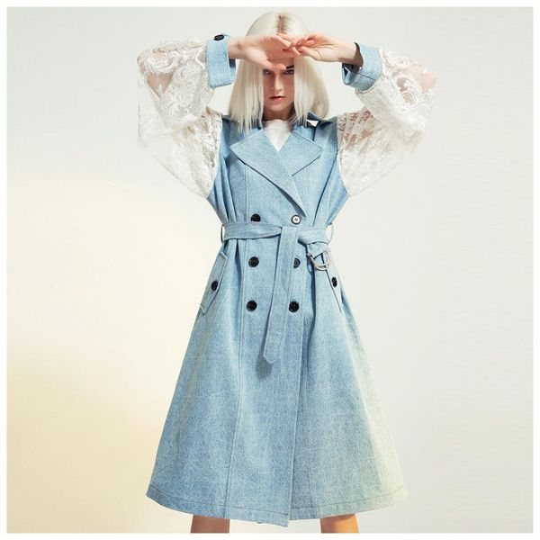 

superaen europe lace stitching denim trench coat for women autumn new 2019 wild women windbreaker fashion casual clothing, Tan;black