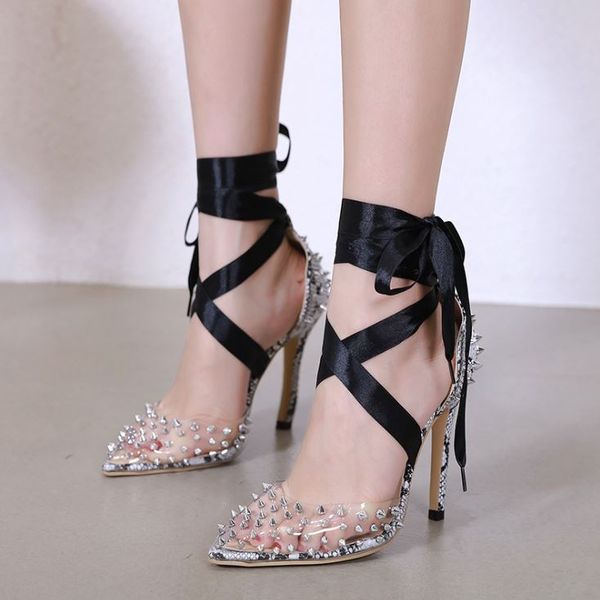 

fy2019 pop roman style rivet leg loop tie color matching high heeled sandals women's sandals stiletto no logo, Black