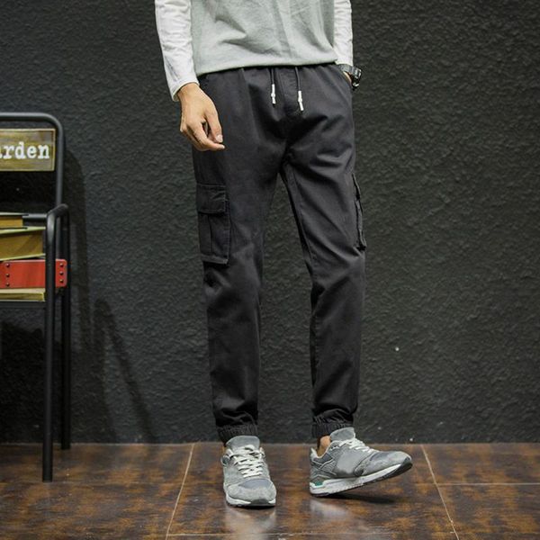 

2018 mens long pockets pants casual sweatpants fashion pants streetwear trousers men clothes elastic waist solid man trouser, Black