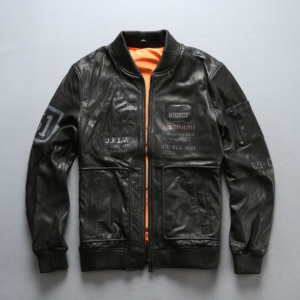 

genuine avirex man baseball jacket sheepskin casual real leather coat autumn clothing male, Black