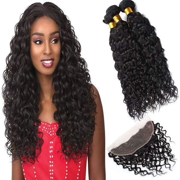 

peruvian human hair 3 bundles with 13x4 lace frontal 4pieces/lot water wave 13 by 4 lace frontals wet and wavy 8-30inch, Black;brown