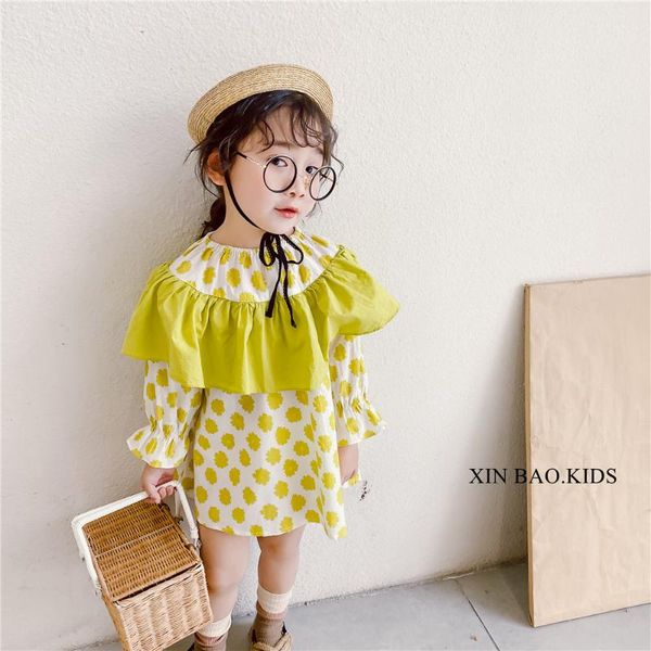 

children's 2020 spring new girls' pullover dot splicing lace long sleeve dress thin dress, Red;yellow
