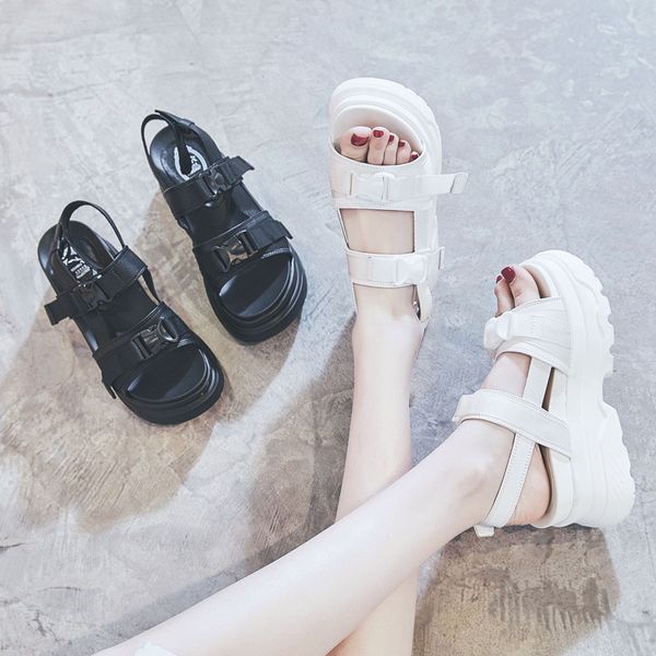 

cinessd genuine leather wedges shoes for women solid gladiator sandals women high heels platform sandals summer 2020 hook loop, Black