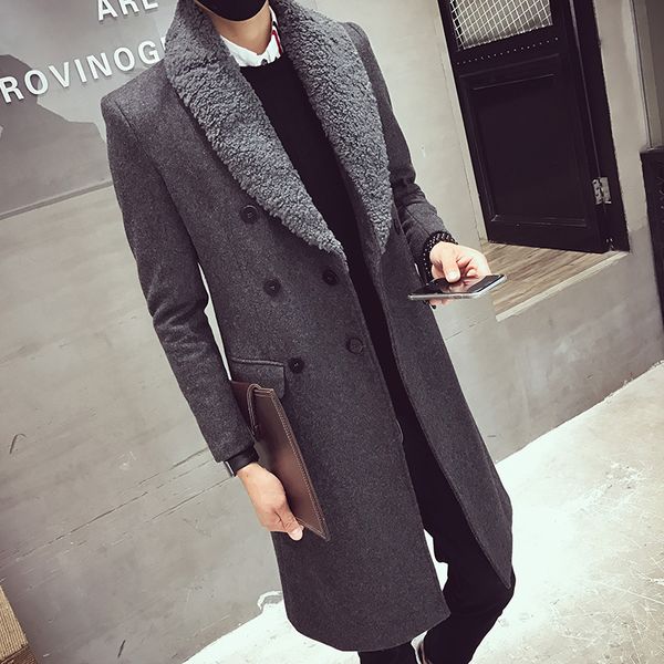 

men winter long thick warm jacket slim fit black grey trench woolen overcoat with fur collar double brested thick padding coat