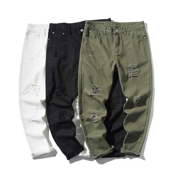 

autumn new jeans men's hole large size straight ankle length casual pants men's fashion broken loose cotton jeans size -5xl, Blue