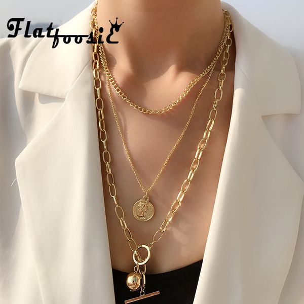 

flatfoosie 2019 новый модный металлический шар монет подвеска многослойная панк повседневный дизайн длинные цепи ожерелье для женщин мужчин, Silver