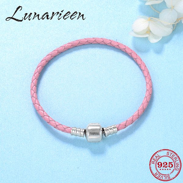 

925 sterling silver charm pink leather rope bracelets diy for fashion jewelry womens accessories trendy, Black