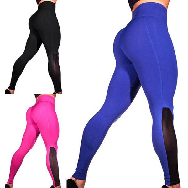 

women contrast color stitching mesh leggings fashion casual high waist sports fitness leggings running elastic, Black