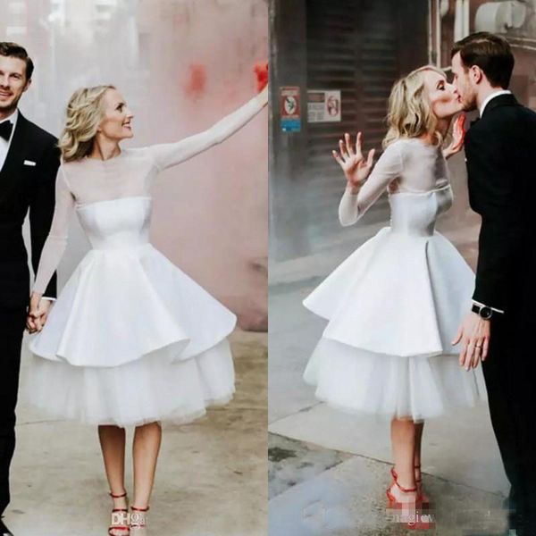 

Long Sleeve Short Wedding Dresses 2019 Jewel Knee Length Tiered Garden Country Bridal Gowns robe de mariee Plus Size Cheap