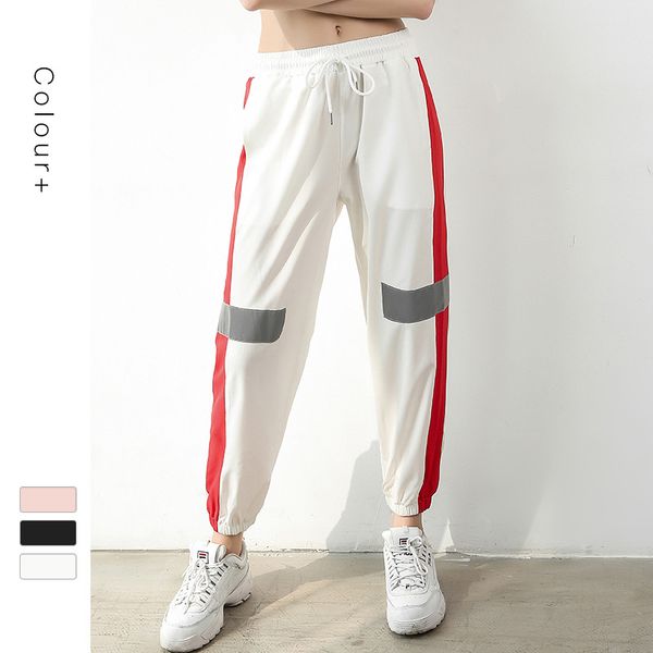 

new pants female fun run reflective fitness pants running training lady clothing loose breathable casual toe, Black;white