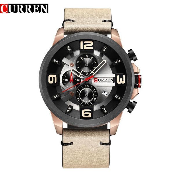 

curren fashion design sports men watches leather strap chronograph calendar military quartz male clock casual men's wristwatch, Slivery;brown