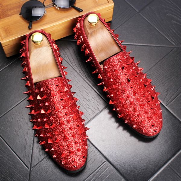 

men casual rivets shoes breathable slip-on lazy driving shoe youth personality stage night club wear flat loafers zapatos hombre, Black