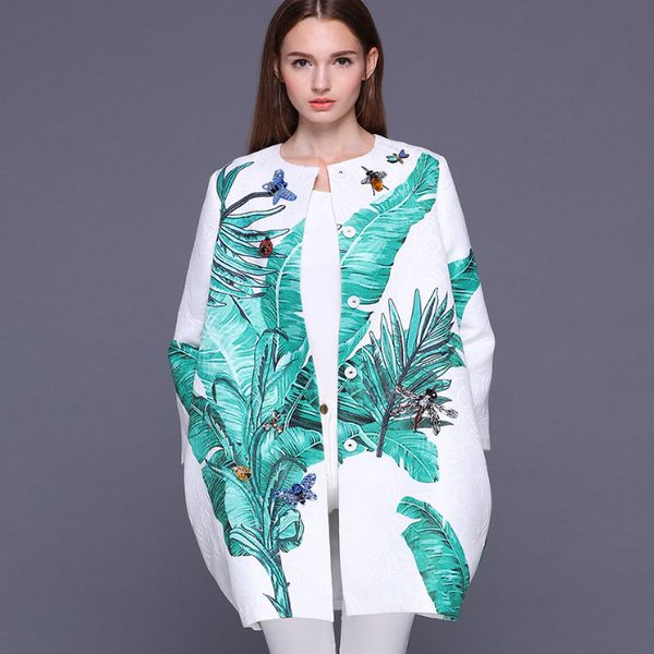 

fashion long sleeved women coat o-neck banana leaf print office ladies jacket spring and autumn button slim fit womens coat, Black;brown