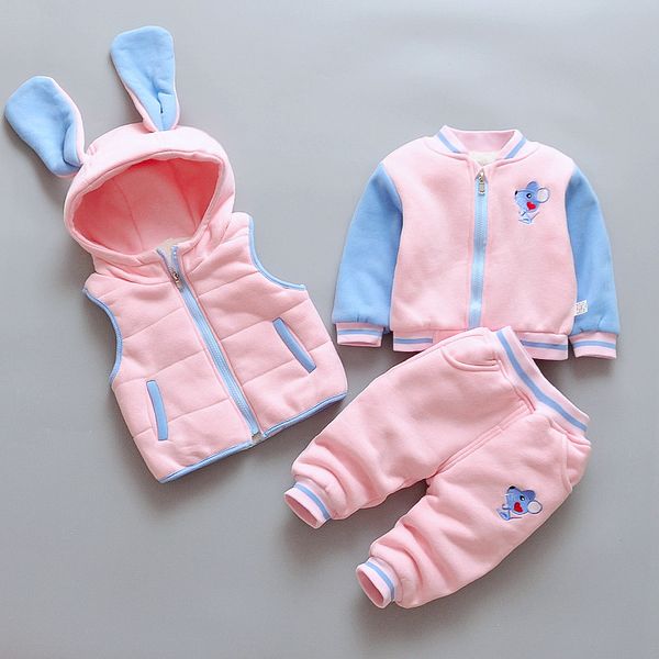 

baby girls одежда для детей осень зима девушки плюс бархат комплект одежды из трех частей комплект 1-4years baby утолщенная одежда куртка t2, White