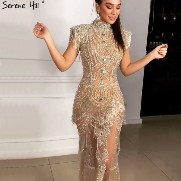 

dubai gold high collar luxury evening dresses 2019 sleeveless diamond beading tassel evening gowns serene hill la60893, White;black