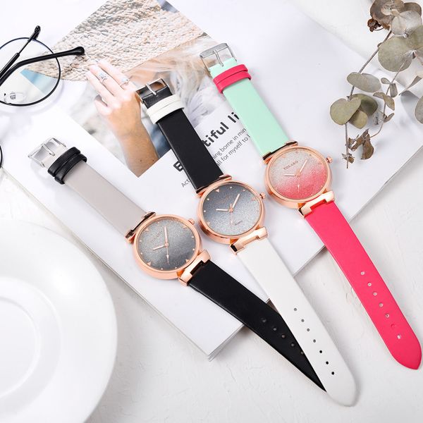 

women's casual quartz leather band fashion exquisite starry sky watch analog wrist watch sale 2019 new feminino dropship, Slivery;brown