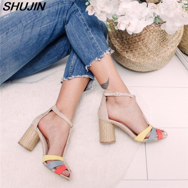 

shujin sandalias mujer strap heel peep toe chunky heel sandals slip on elastic bandage elegant sandals 2020 new, Black