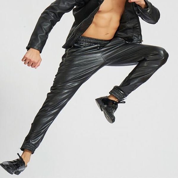 

mens fashion hip hop pants faux leather elastic waist pu material motorcycle outdoor harem pants beam mouth pants mens trousers bottoms, Black